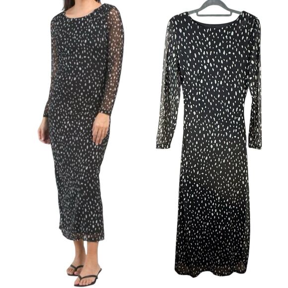 Rachel Zoe Polka Dot Long Dress Ruched Side Tulle Maxi Modest Blk/Wht SIZE XS - Picture 1 of 10
